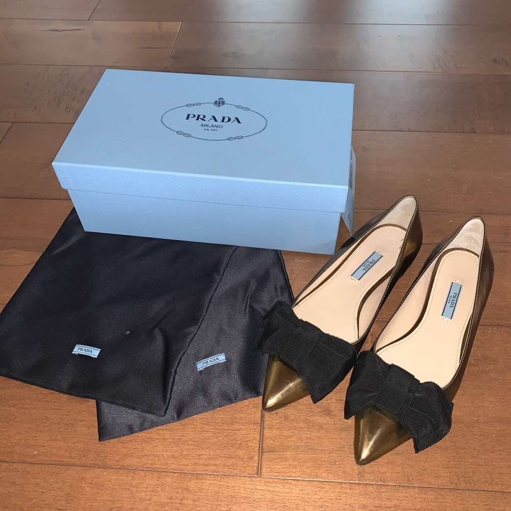 Prada bronze flats with bow
